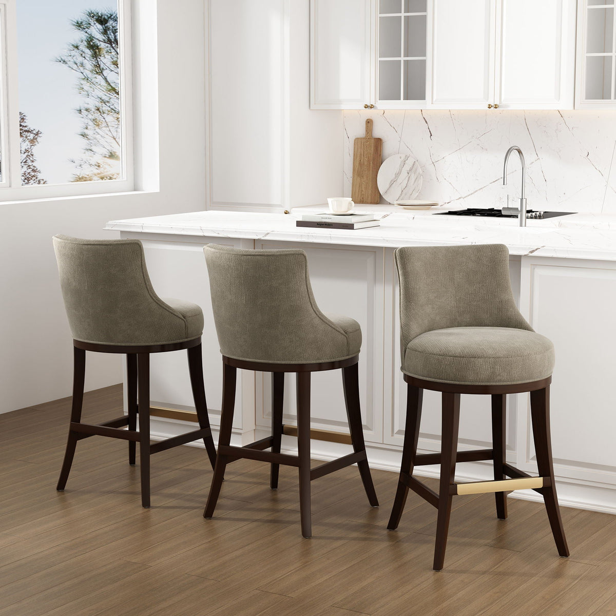 Bar height barstool with backrest, beige fabric seating, dark wood legs, set of 3, HouseOfZazla on Tampa Home & Garden Store