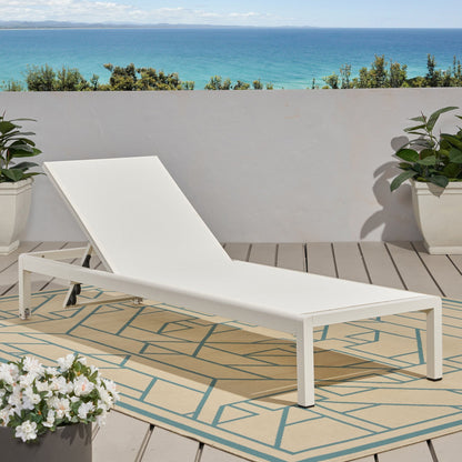 Outdoor chaise lounge by HouseOfZazla, white frame with 5 reclining positions on a deck on Tampa Home & Garden Store