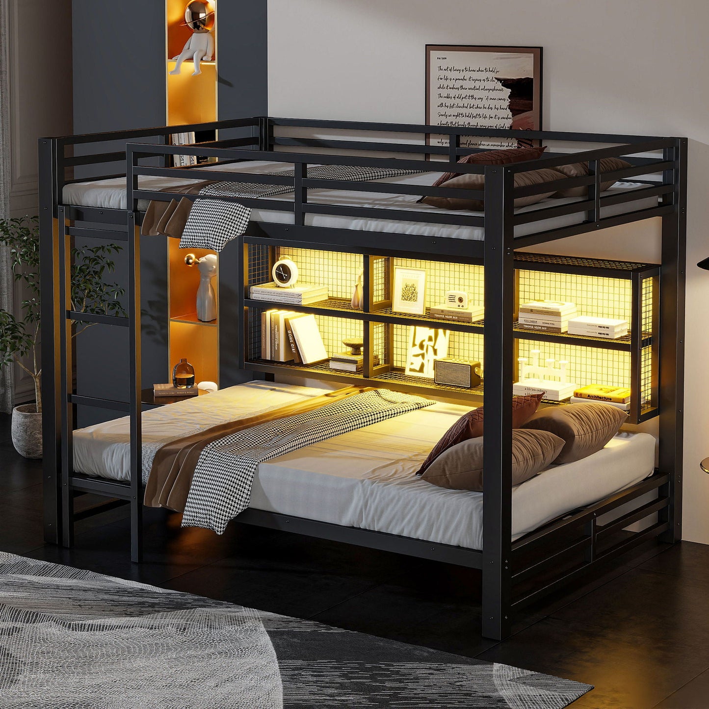 Queen over Queen bunk bed black metal frame with 6 storage units and LED lighting HouseOfZazla on Tampa Home & Garden Store