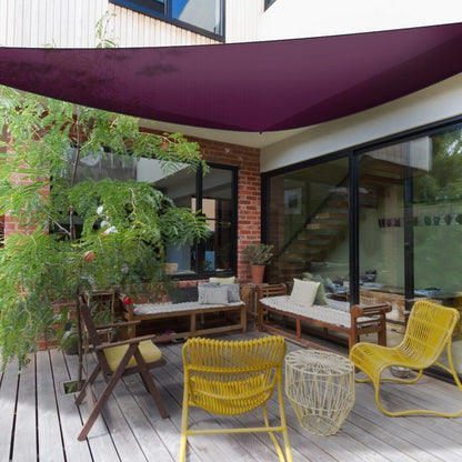 GemGear shade sail patio canopy purple triangular sunshade over outdoor seating area on Tampa Home & Garden Store
