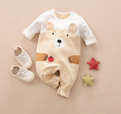 Stevvex baby romper one-piece with bear face, cream body and white sleeves with white shoes on Tampa Home & Garden Store