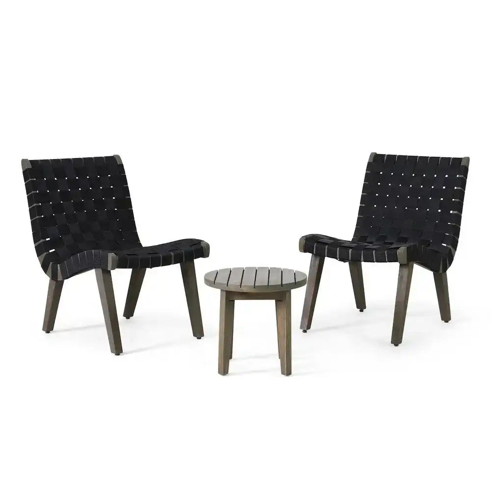 Outdoor 3 Piece Rope Weave Patio Seating Set with two black chairs and table HouseOfZazla on Tampa Home & Garden Store