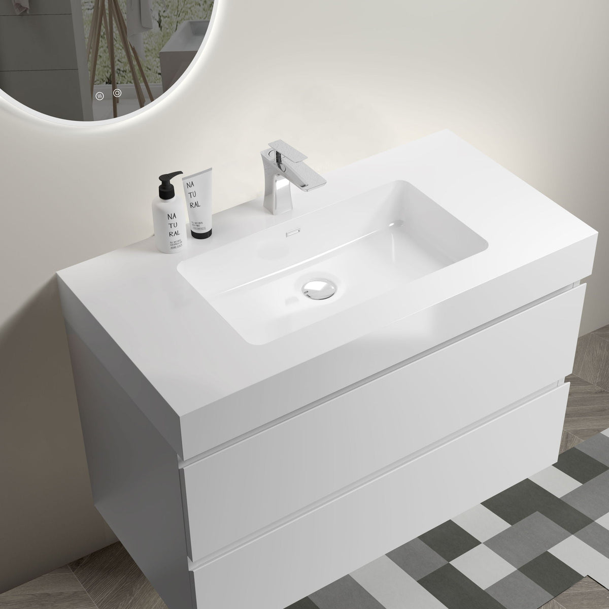 Modern floating bathroom vanity white with large storage and integrated sink on Tampa Home & Garden Store