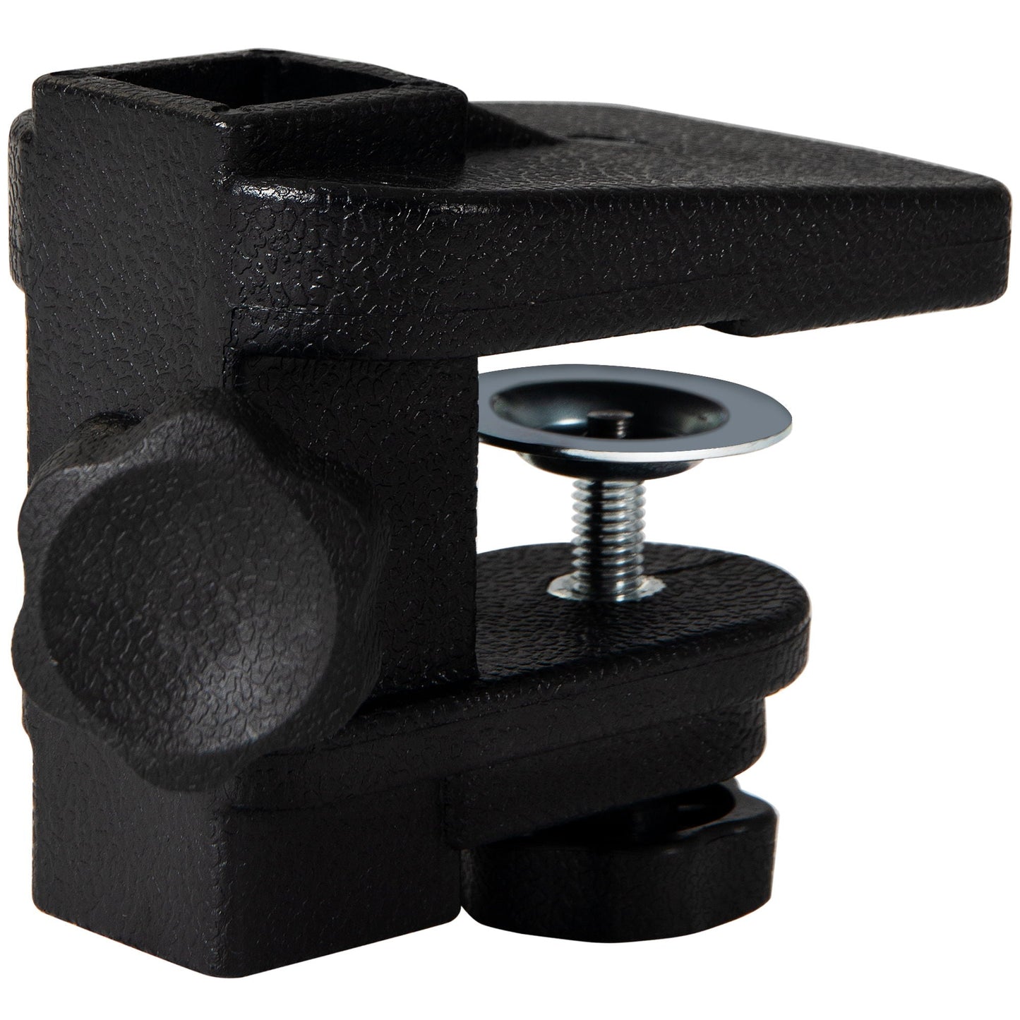 Hydraulic pet grooming table clamp in black textured metal with screw and adjustable arm on Tampa Home & Garden Store