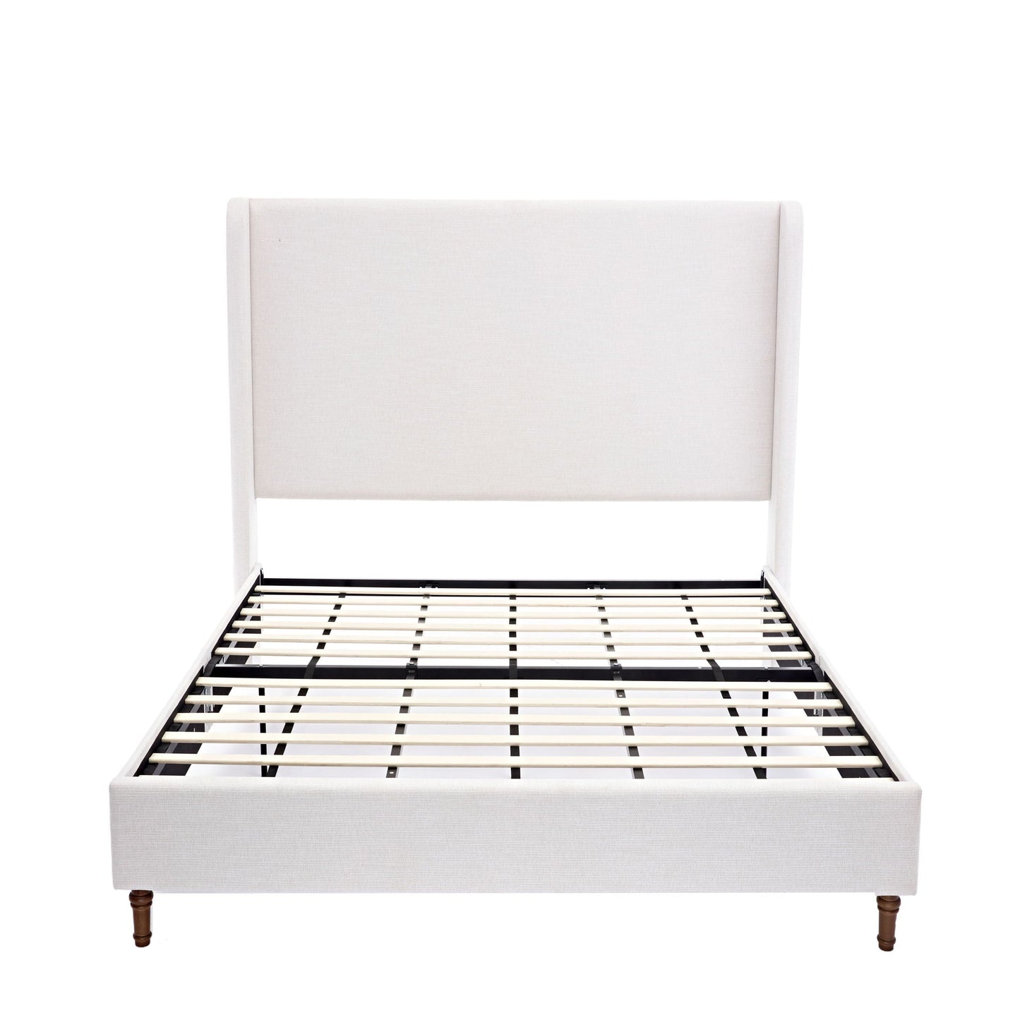 Harper tall headboard upholstered bed beige fabric by HouseOfZazla with slat foundation on Tampa Home & Garden Store