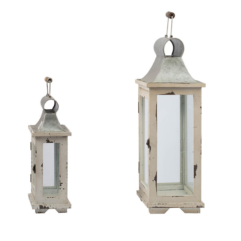 Wooden lanterns set of two in distressed white with metal tops HouseOfZazla on Tampa Home & Garden Store