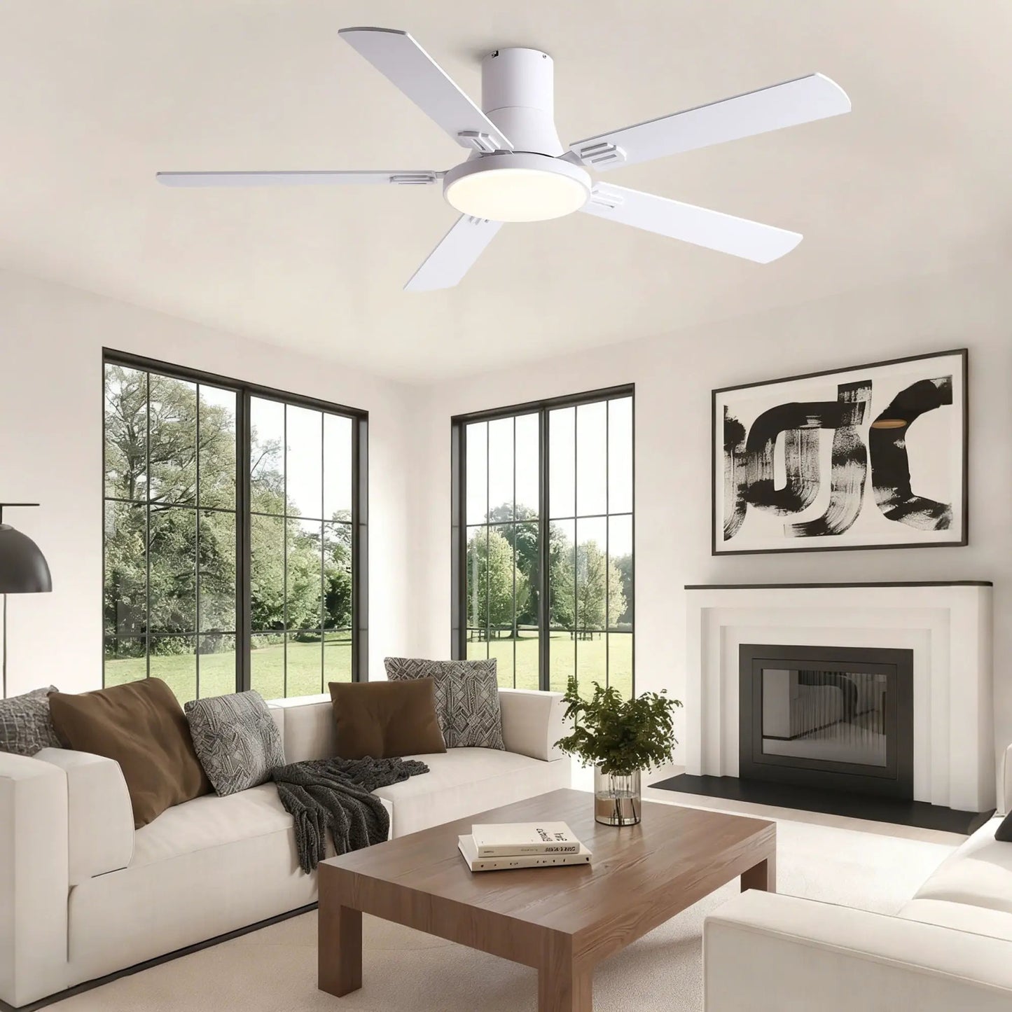 Flush mount ceiling fan with LED light and remote, 5 white blades by Unique Piece Furniture on Tampa Home & Garden Store