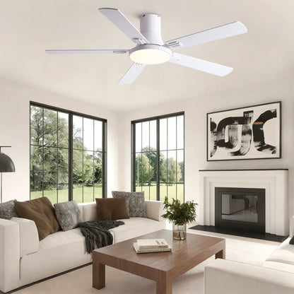 Flush mount ceiling fan with LED light and remote, 5 white blades by Unique Piece Furniture on Tampa Home & Garden Store