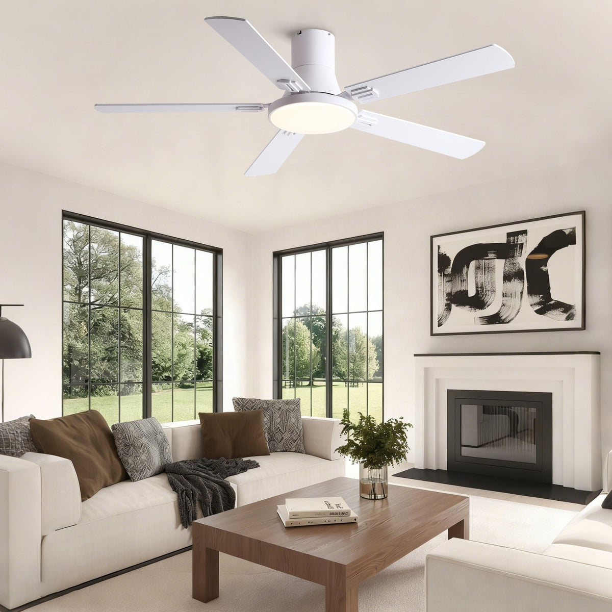 Flush mount ceiling fan with LED light and remote, white blades and housing in living room on Tampa Home & Garden Store