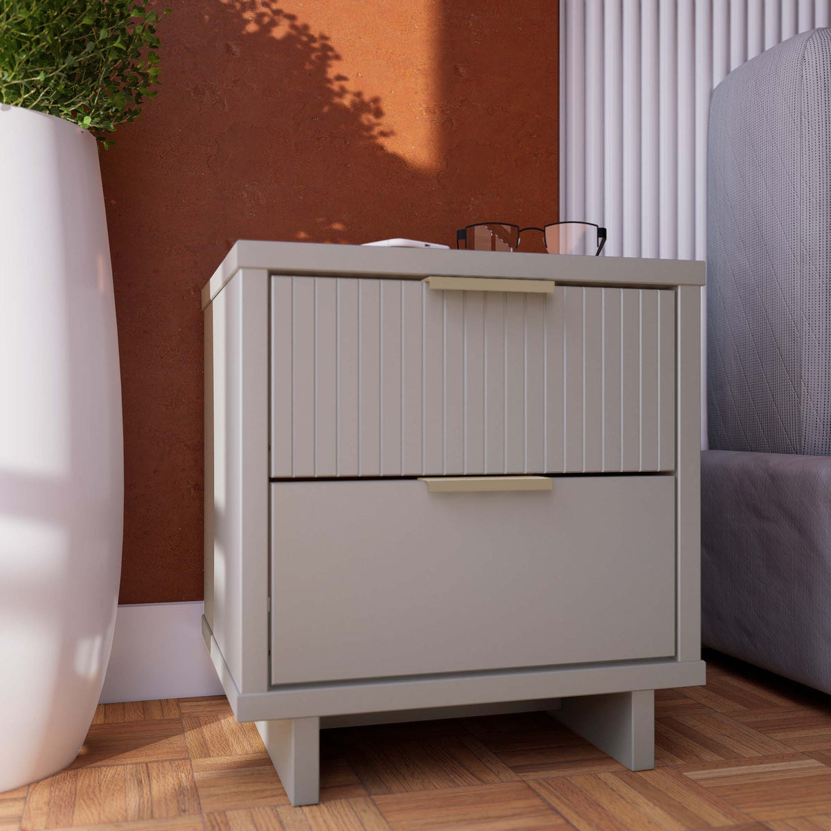 Granville nightstand with 2 drawers in light gray solid wood, grooved fronts by HouseOfZazla on Tampa Home & Garden Store