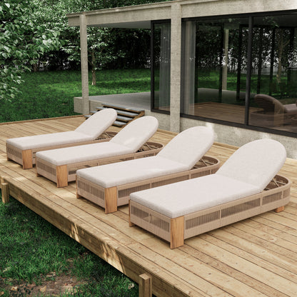 Outdoor chaise lounge chairs with beige cushions on acacia wood and adjustable back on a deck on Tampa Home & Garden Store
