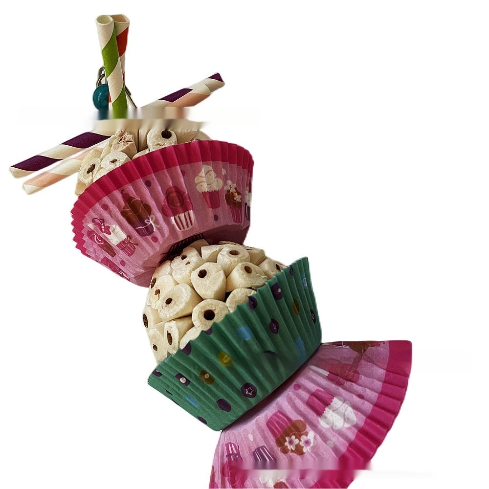 Parrot toy edible soft ball shredding chew toy for birds with cupcake wrappers and paper straws on Tampa Home & Garden Store