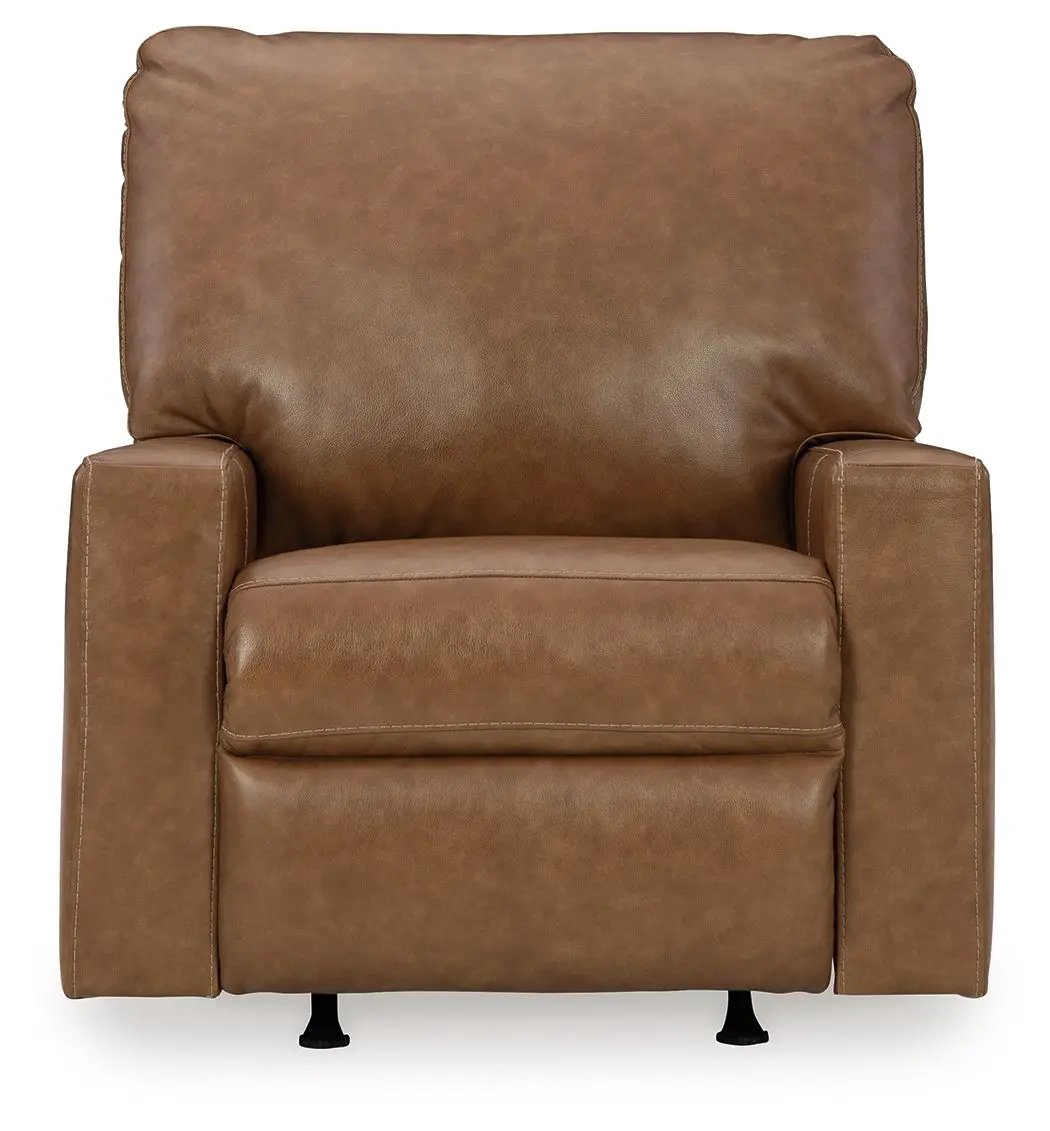 Bolsena rocker recliner in brown leather with plush cushions, high back and square arms on Tampa Home & Garden Store