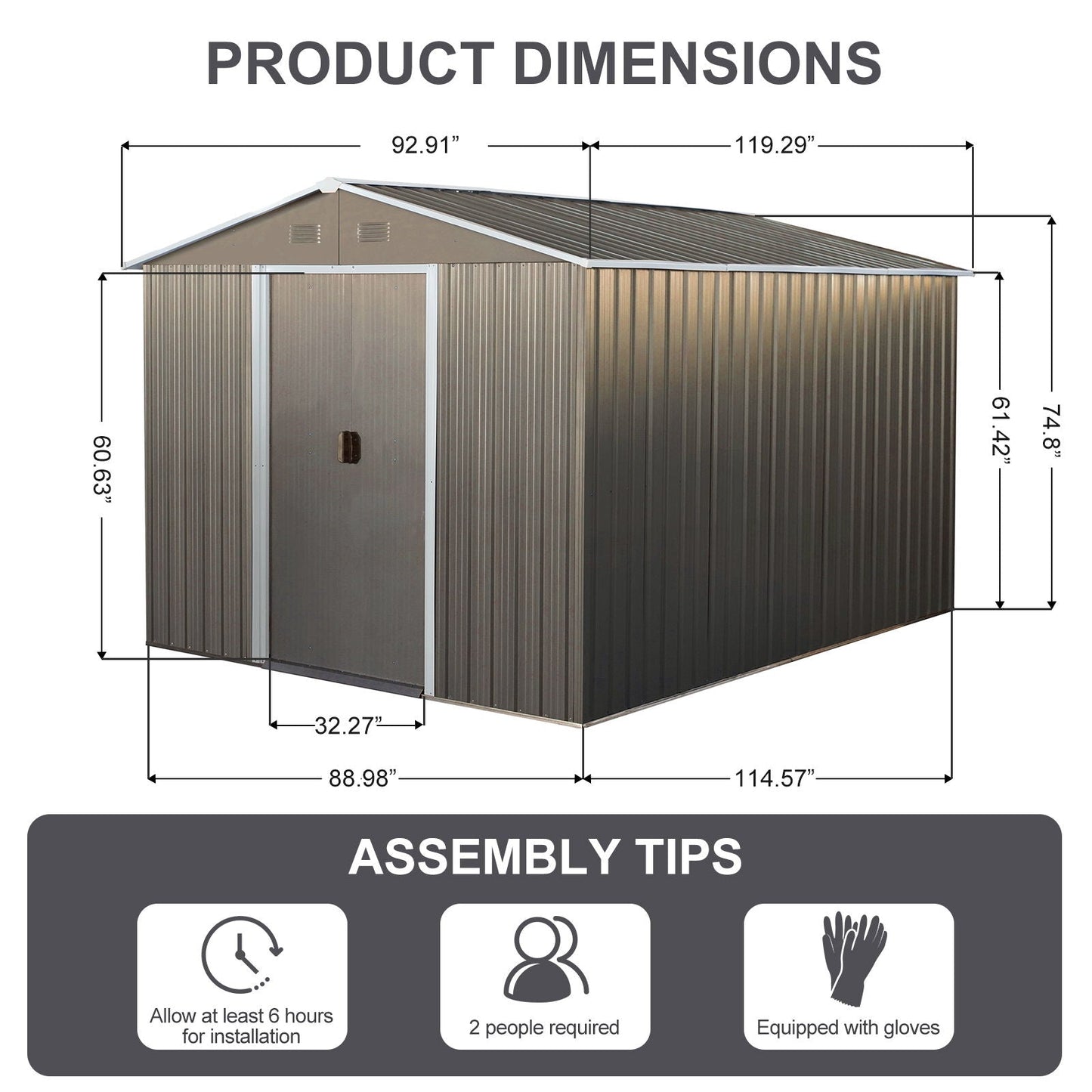 Galvanized Outdoor Metal Storage Shed and Gray
