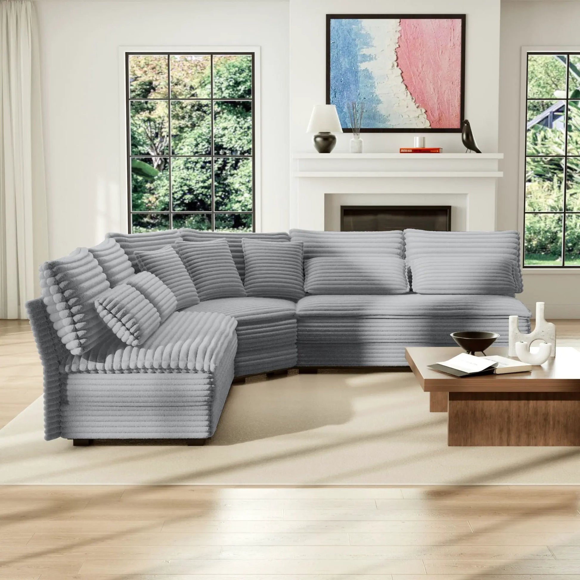 5 Seater L-Shaped sectional sofa curved corner in gray fabric, 7 pillows Unique Piece Furniture on Tampa Home & Garden Store