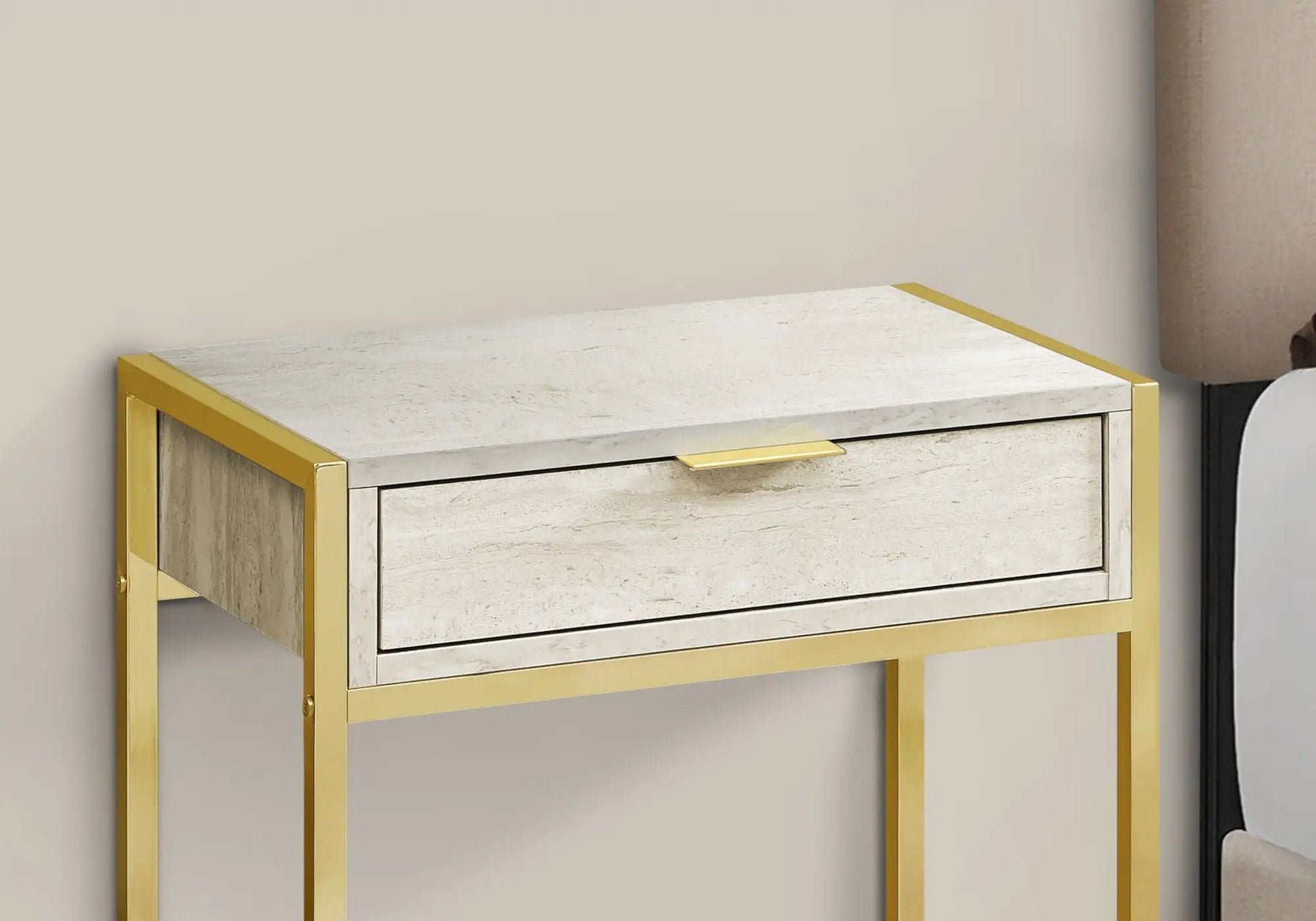 Accent side table with gold frame, spacious marble-top surface and storage drawer on Tampa Home & Garden Store