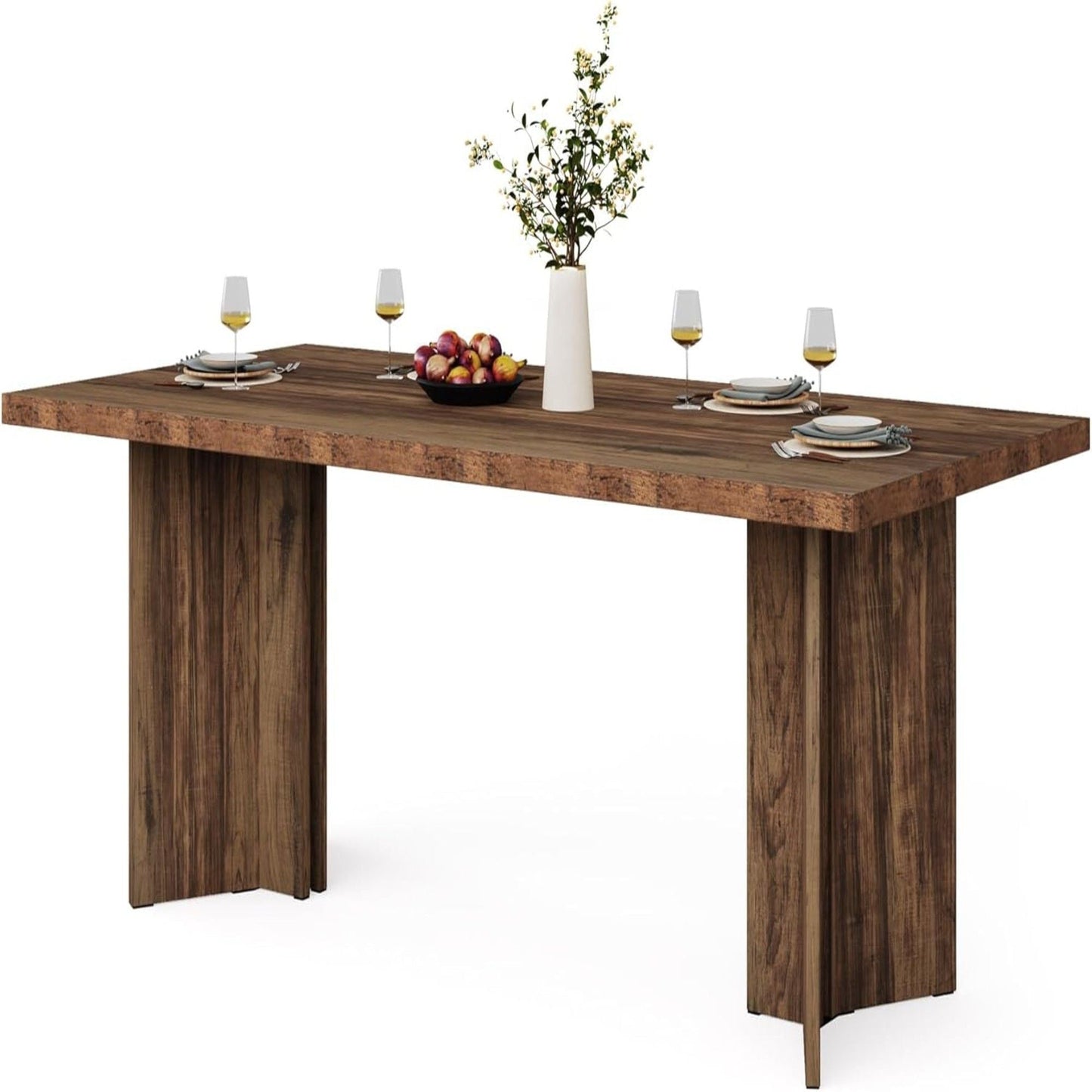 Dining table for 4–6 with thick rustic wood top and sturdy legs, set with plates and wine glasses on Tampa Home & Garden Store