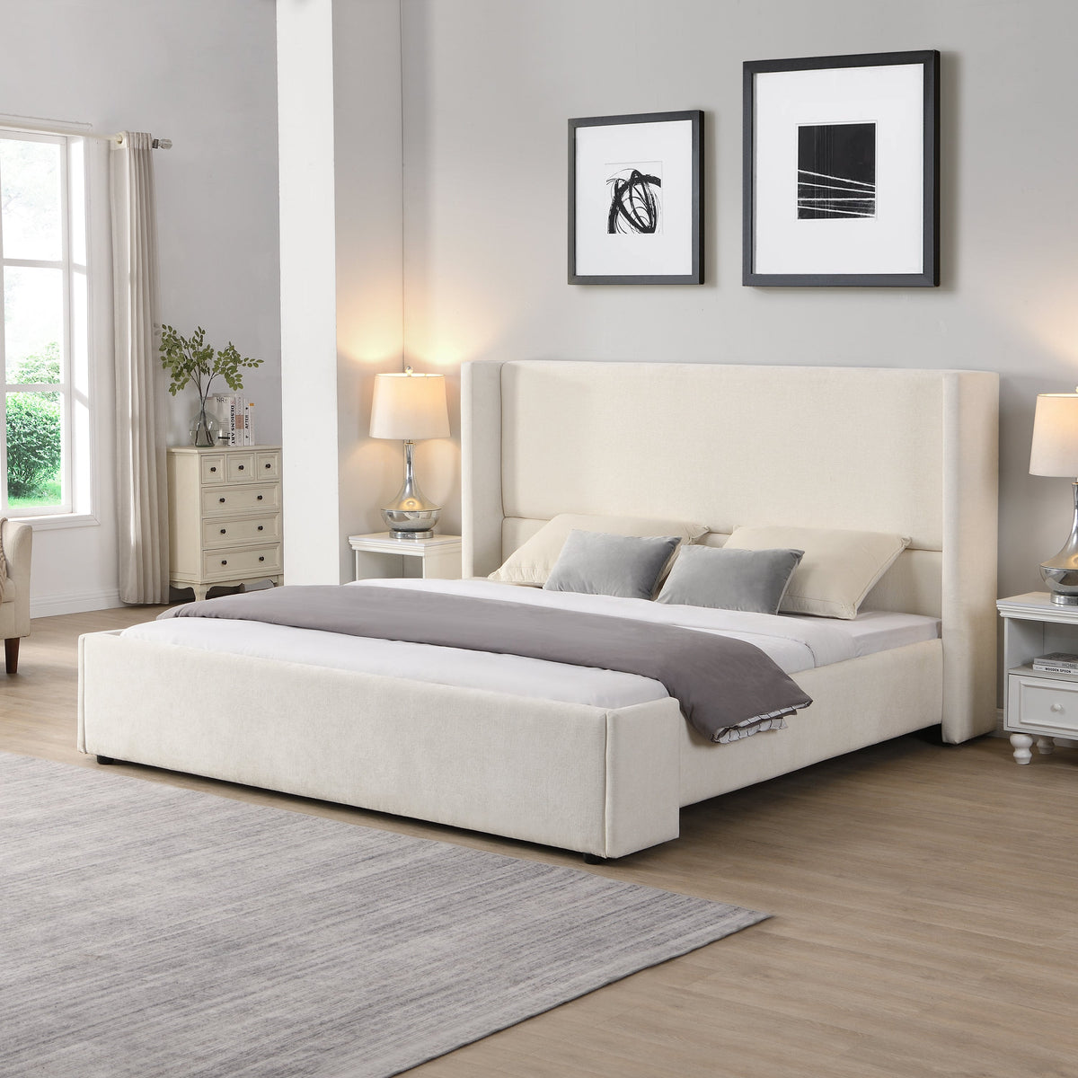Elegant upholstered bed by HouseOfZazla in beige fabric with headboard and gray bedding on Tampa Home & Garden Store