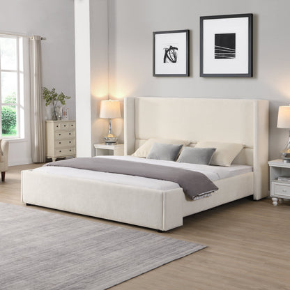 Elegant upholstered bed by HouseOfZazla in beige fabric with headboard and gray bedding on Tampa Home & Garden Store