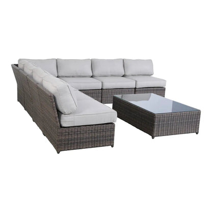 2-piece outdoor rattan sectional with light gray cushions and glass-top coffee table on Tampa Home & Garden Store