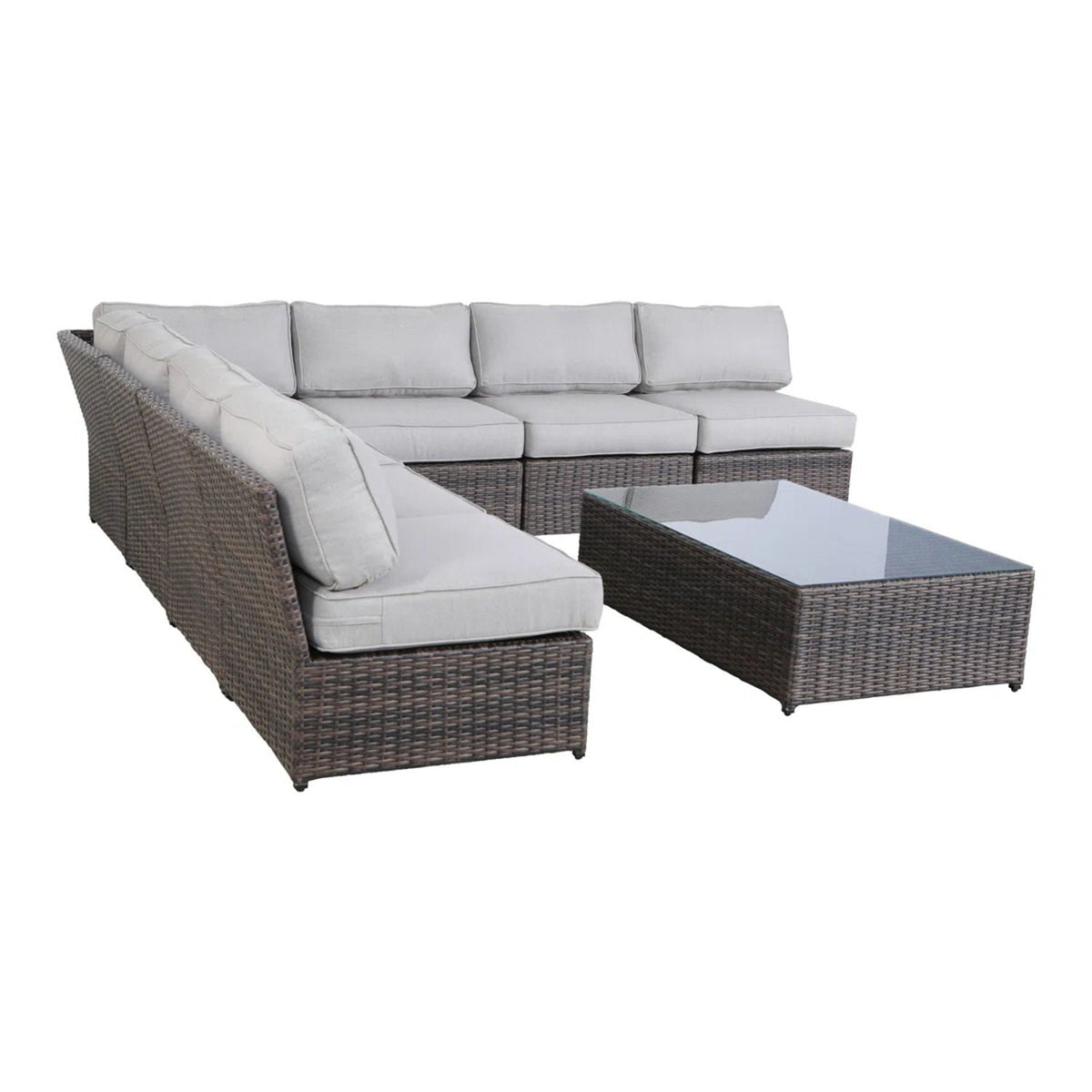 2-piece outdoor rattan sectional with light gray cushions and glass coffee table HouseOfZazla on Tampa Home & Garden Store