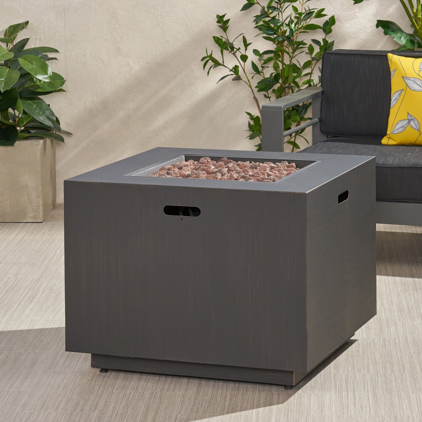 33in outdoor iron square propane fire pit brushed brown with lava rocks for patio on Tampa Home & Garden Store