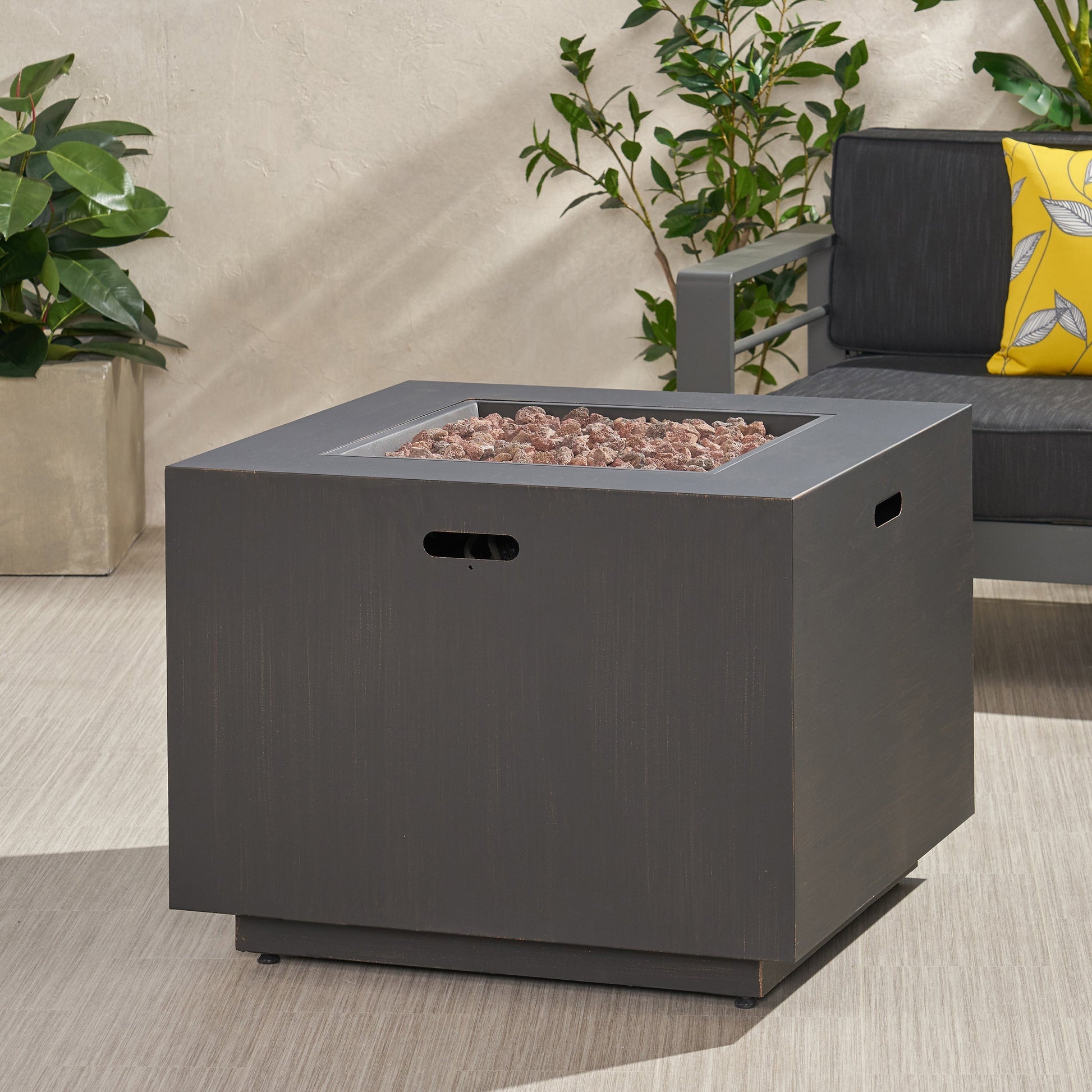 33in outdoor iron square propane fire pit brushed brown with lava rocks for patio on Tampa Home & Garden Store