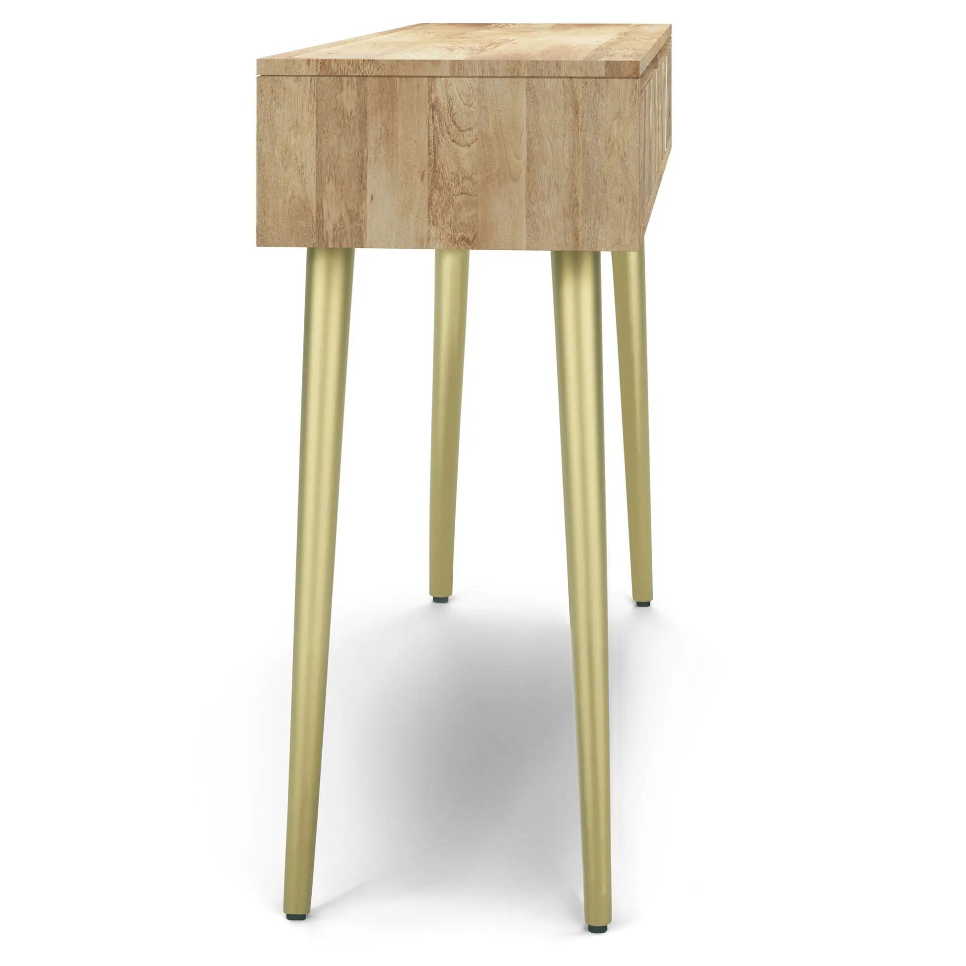 Jager Console Table Natural wood finish with gold metal legs, modern rectangular design on Tampa Home & Garden Store