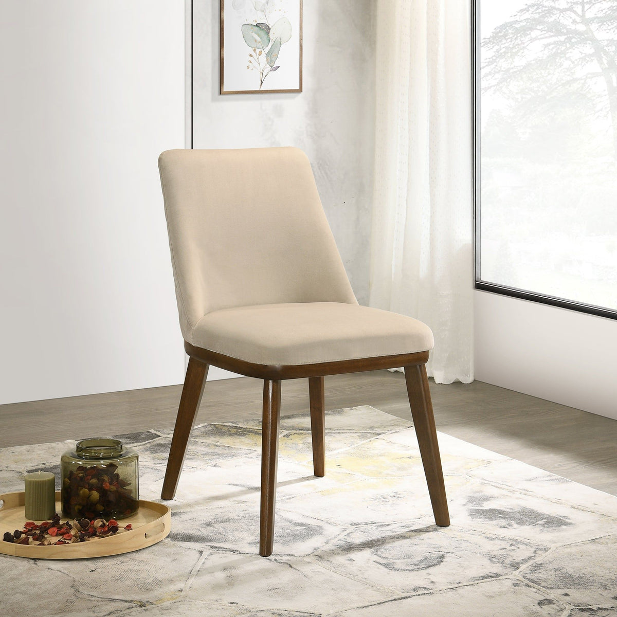 Mid-Century dining chair with beige fabric upholstery and solid wood legs on Tampa Home & Garden Store