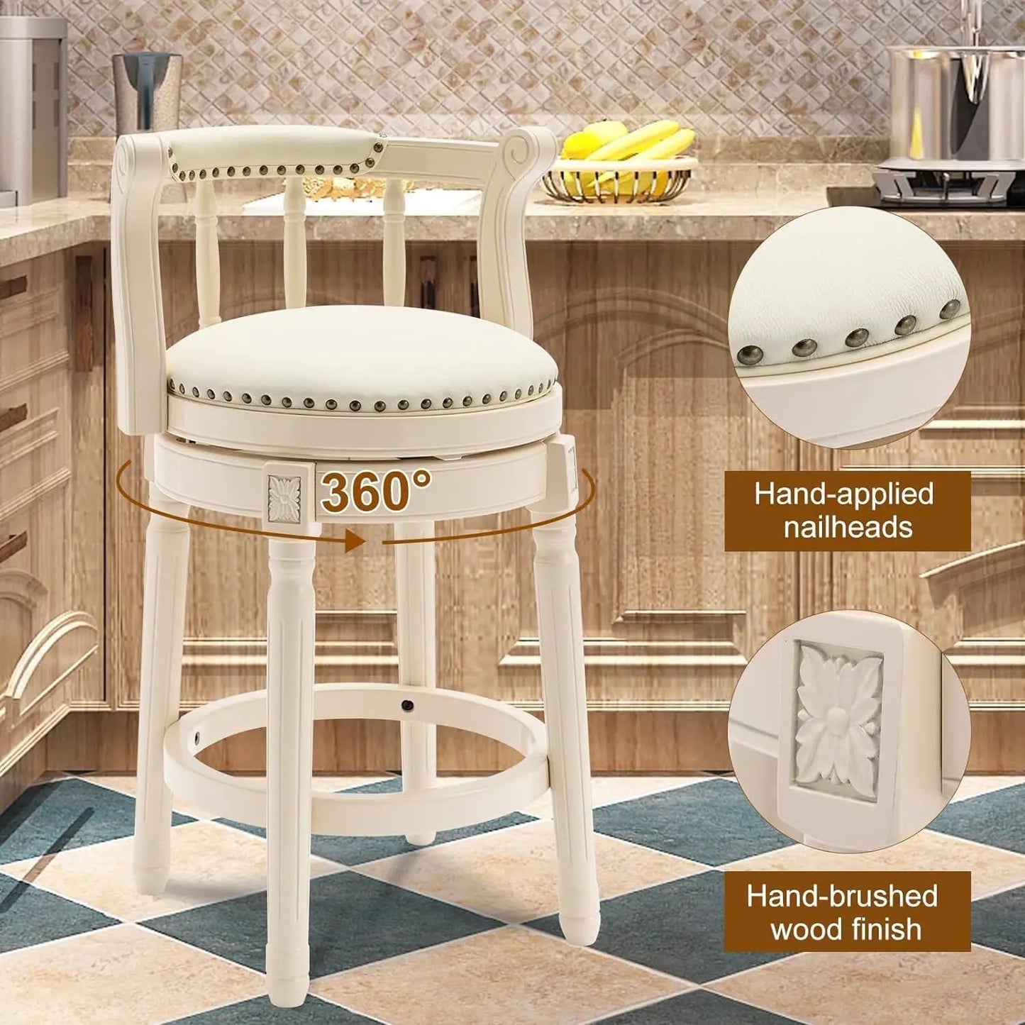 Wooden Bar Stool with Swivel and Contoured Back