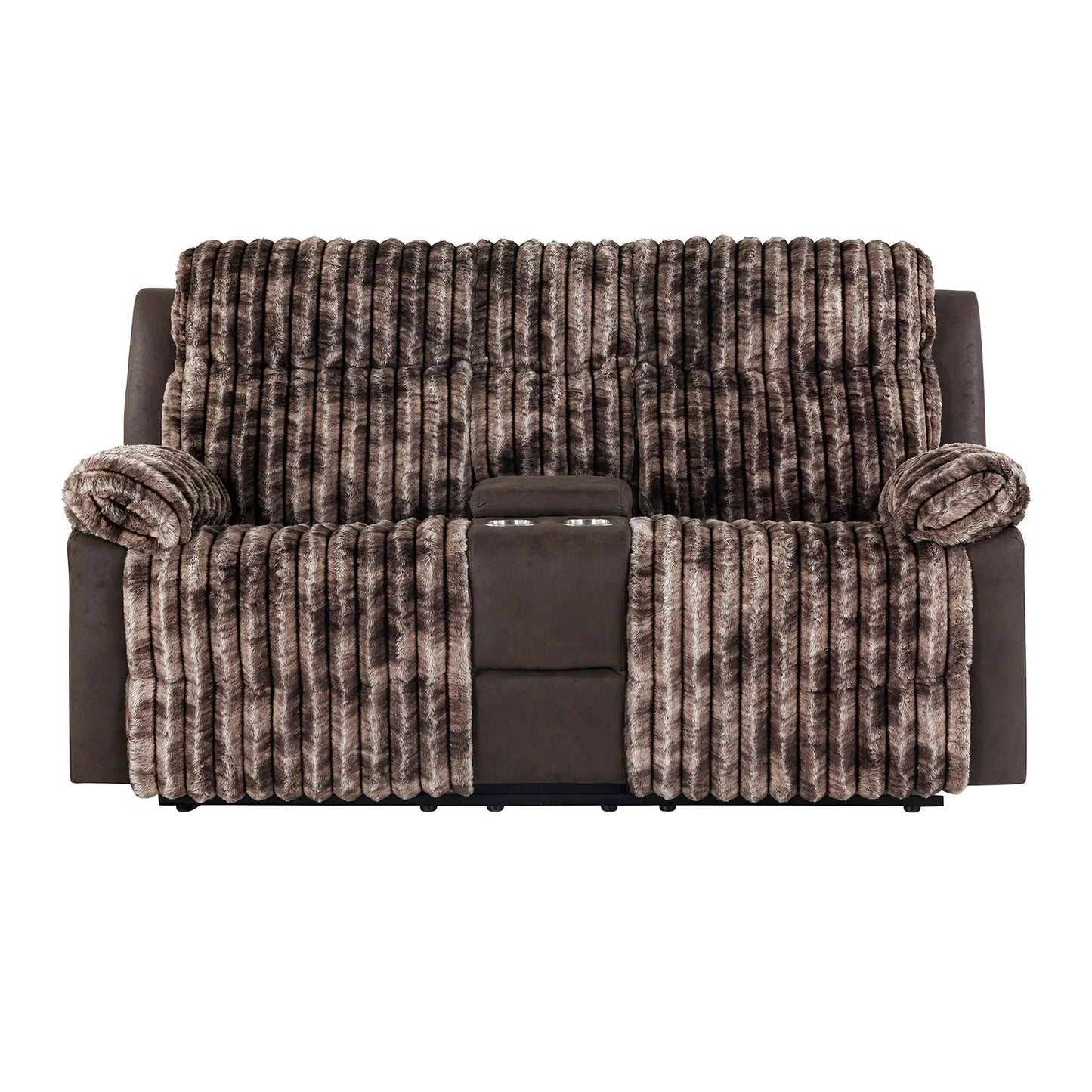 Bruni console reclining loveseat with manual recline, dark brown faux leather base fur throw on Tampa Home & Garden Store