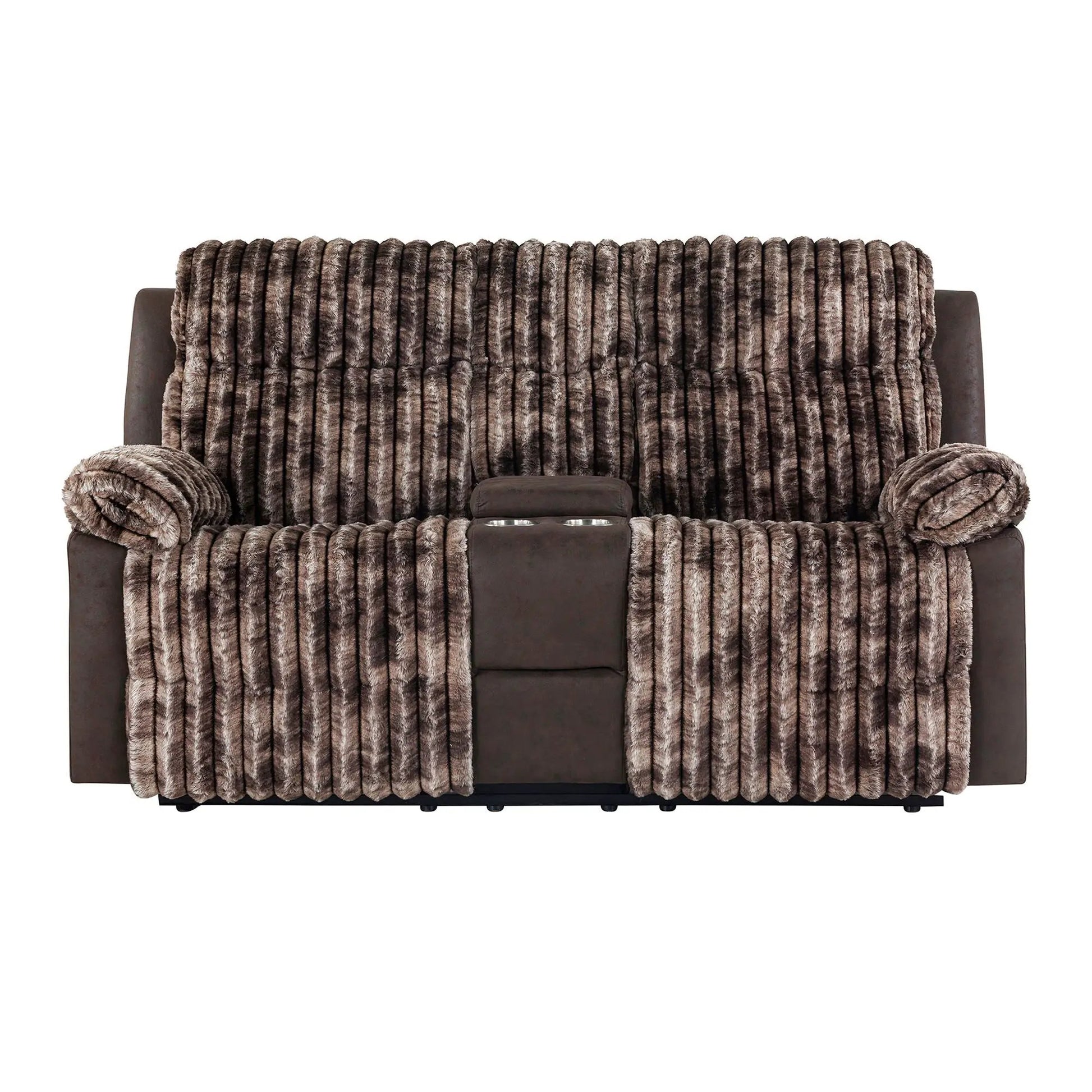Bruni console reclining loveseat with manual recline, dark brown faux leather base fur throw on Tampa Home & Garden Store