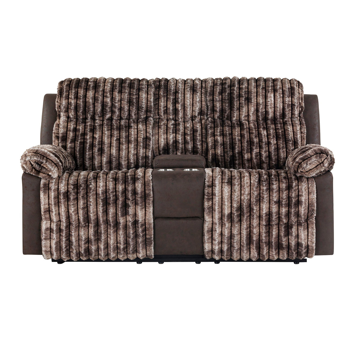 Bruni manual reclining loveseat and console with plush fur throw on dark brown faux leather on Tampa Home & Garden Store