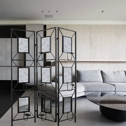 Three-panel black metal room divider with photo frame panels, mirrored and candle holders on Tampa Home & Garden Store