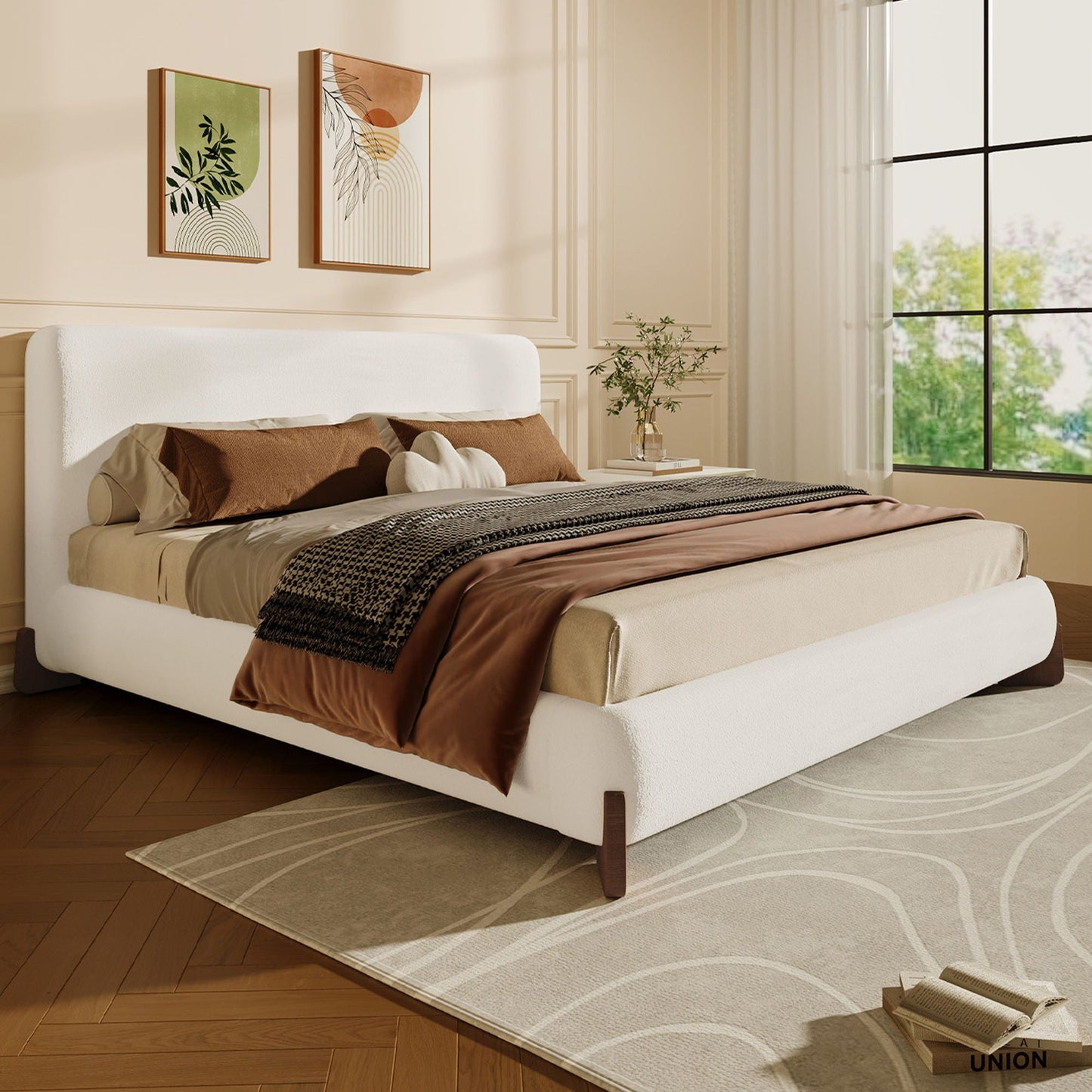 White Boucle Upholstered Bed on Solid Wood Legs