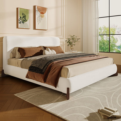 White Boucle Upholstered Bed on Solid Wood Legs