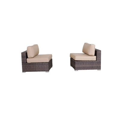 Wide armless outdoor chairs with beige cushions, dark brown wicker frames, set of 2 on Tampa Home & Garden Store