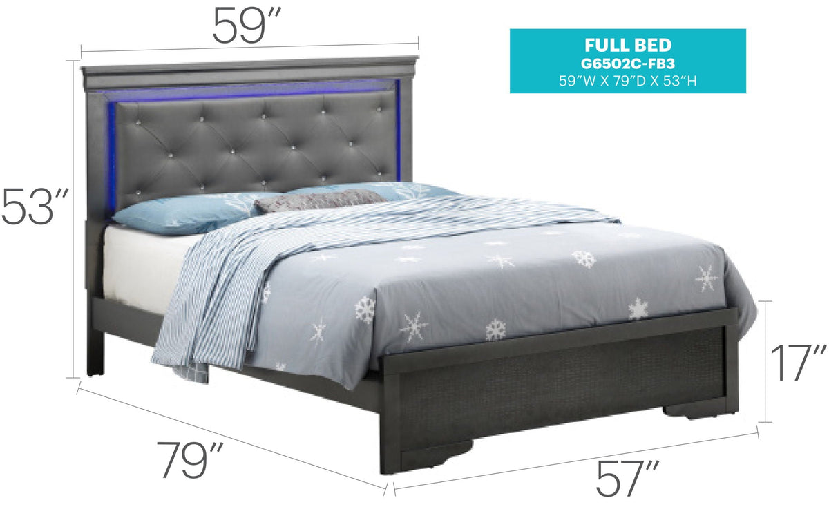 LED Elegant Bed by HouseOfZazla, full upholstered bed with tufted headboard and blue LEDs on Tampa Home & Garden Store