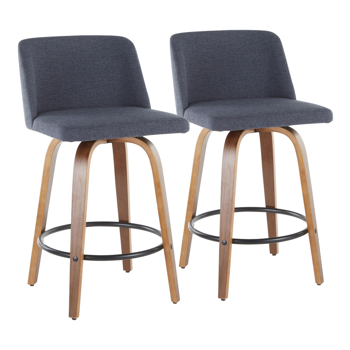 Toriano counter stools set of 2, midcentury, dark blue fabric, wood legs, metal footrest on Tampa Home & Garden Store