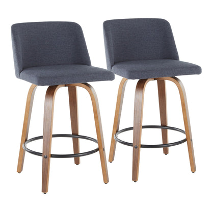 Toriano counter stools set of 2, midcentury, dark blue fabric, wood legs, metal footrest on Tampa Home & Garden Store