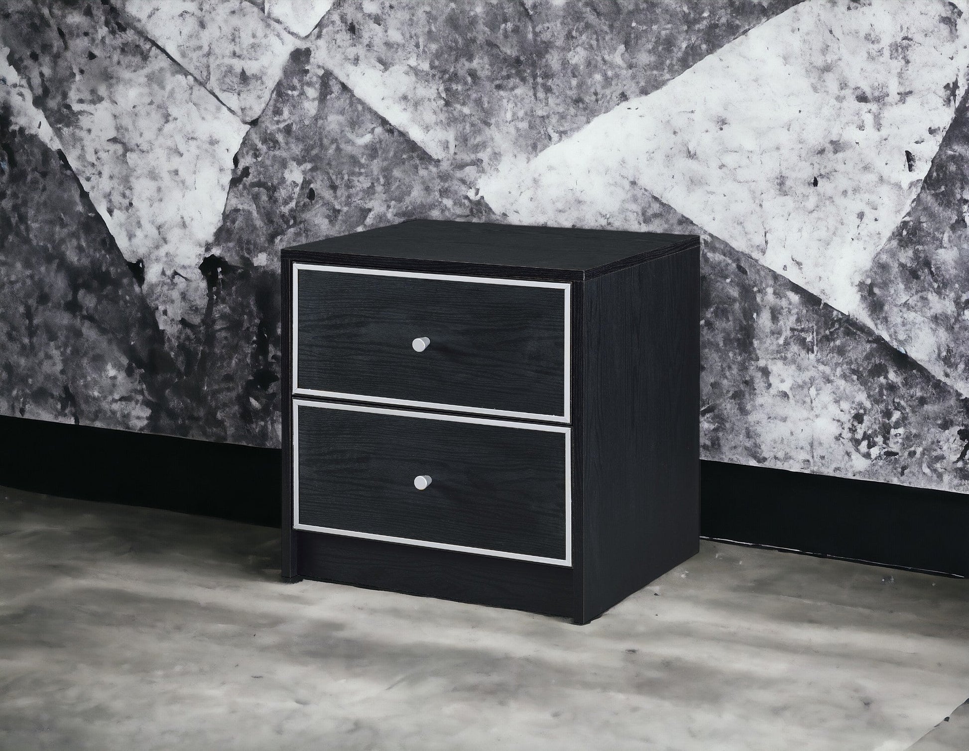 Modern Black Nightstand Table with 3 drawers, black wood, silver trim by HouseOfZazla on Tampa Home & Garden Store