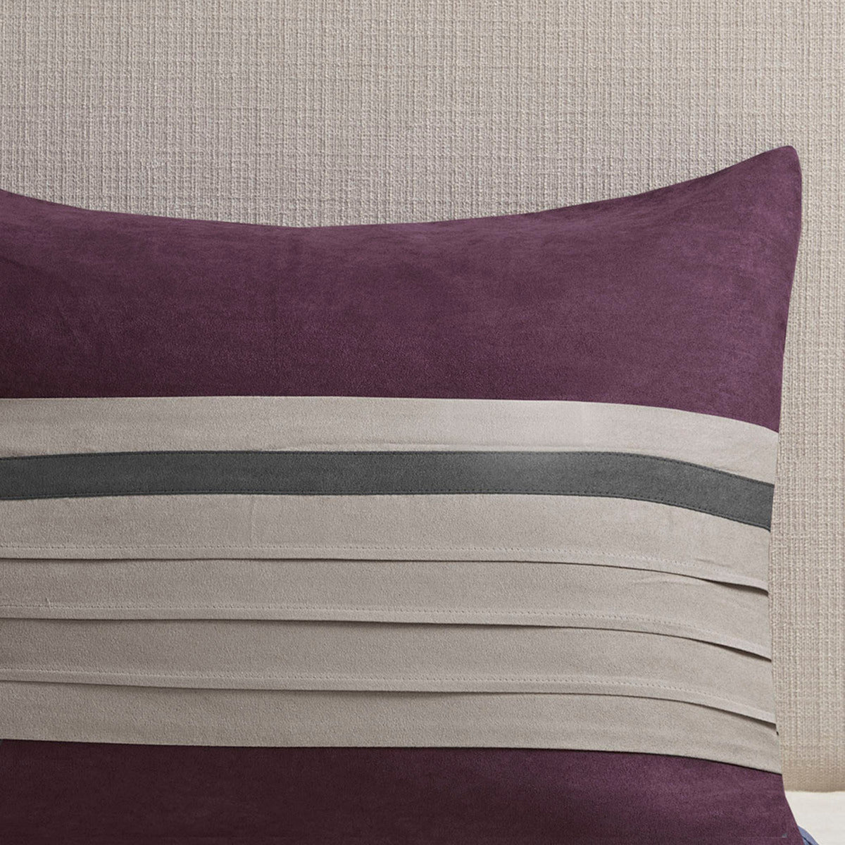 7 PC Pieced Faux Suede Comforter Set Purple King with beige-gray stripe panels on Tampa Home & Garden Store