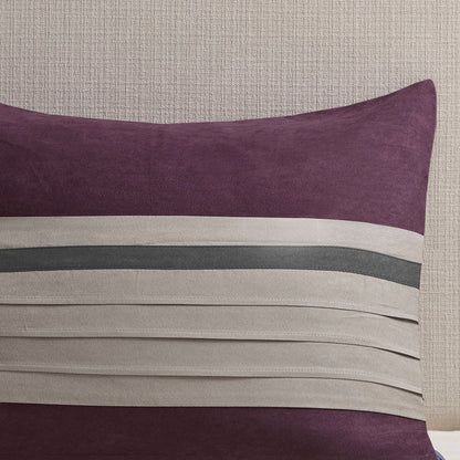 7 PC Pieced Faux Suede Comforter Set Purple King with beige-gray stripe panels on Tampa Home & Garden Store