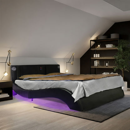 Platform bed frame with black upholstered headboard and purple LED underglow on Tampa Home & Garden Store