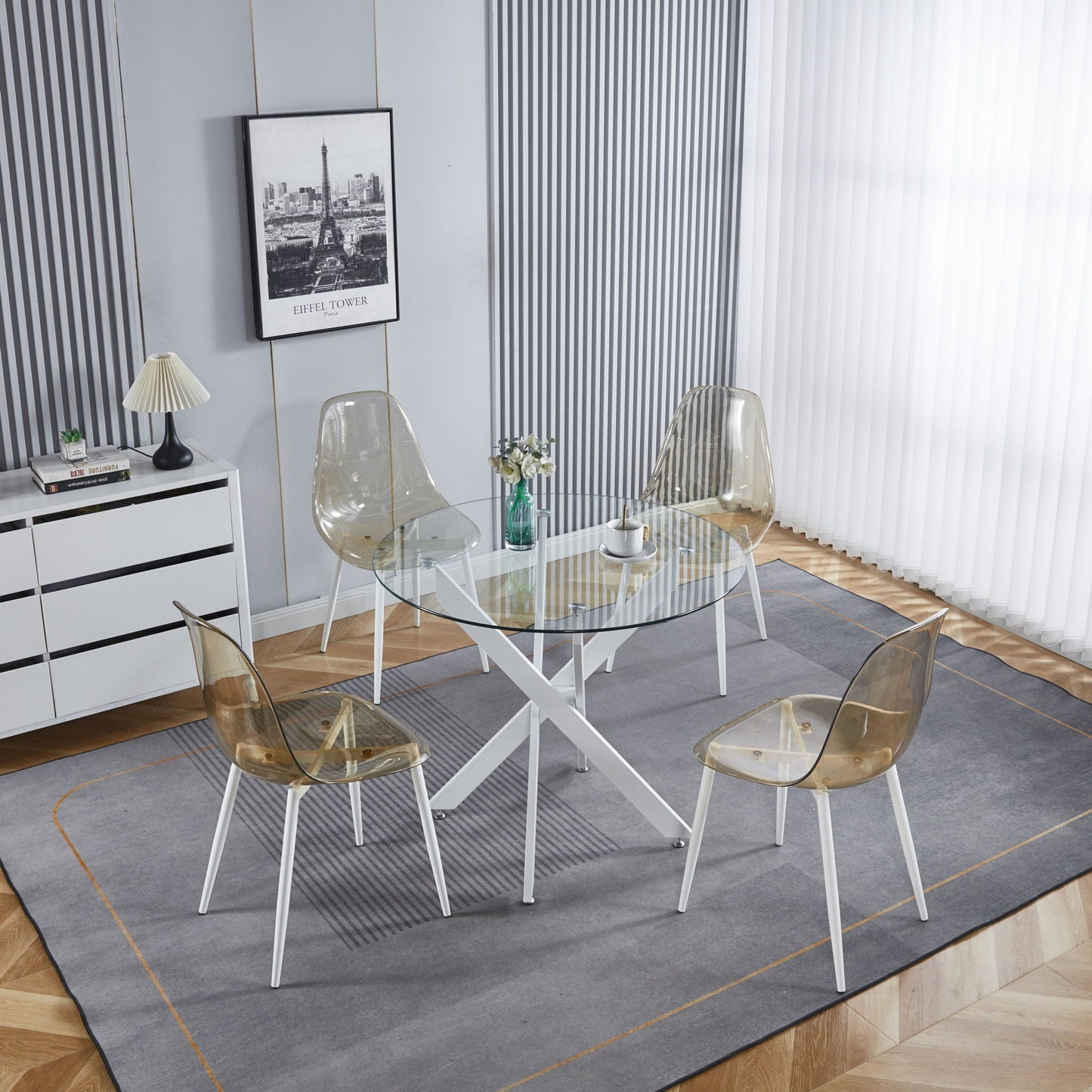 Modern Glass Dining Table with Metal Cross Legs