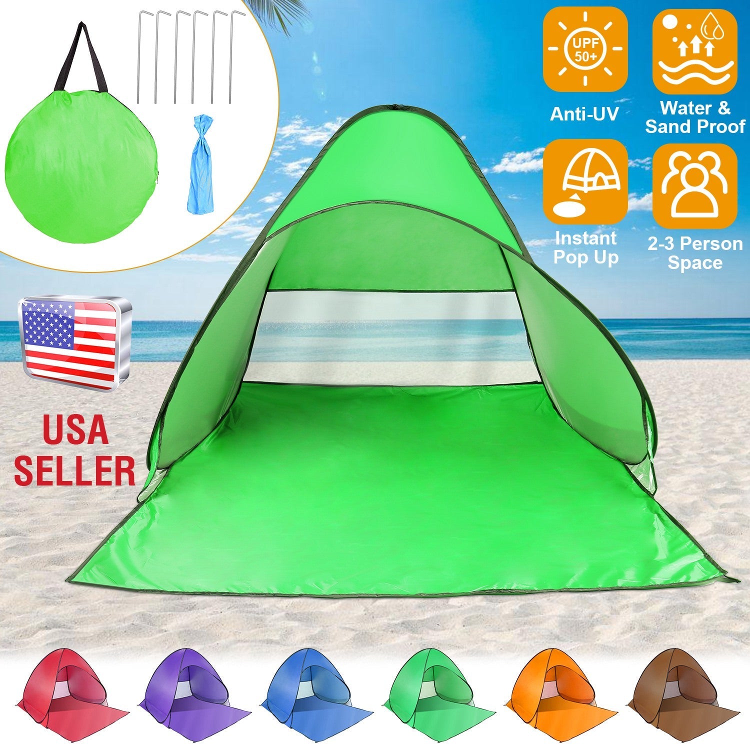 Pop Up Beach Tent GemGear green instant 2-3 person UV-blocking shelter with net window on Tampa Home & Garden Store