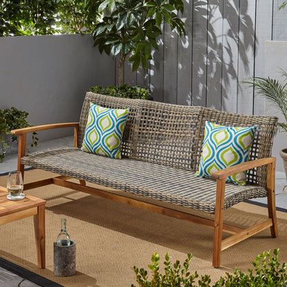 Outdoor 3 Seater sofa with gray rattan cover on wood frame by HouseOfZazla, patterned cushions on Tampa Home & Garden Store