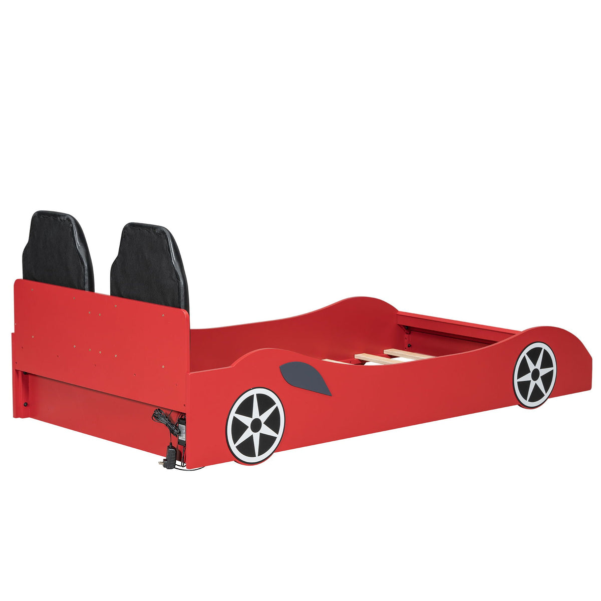 Red race car shaped platform bed with LED, black upholstered backrests and wheel decals on Tampa Home & Garden Store