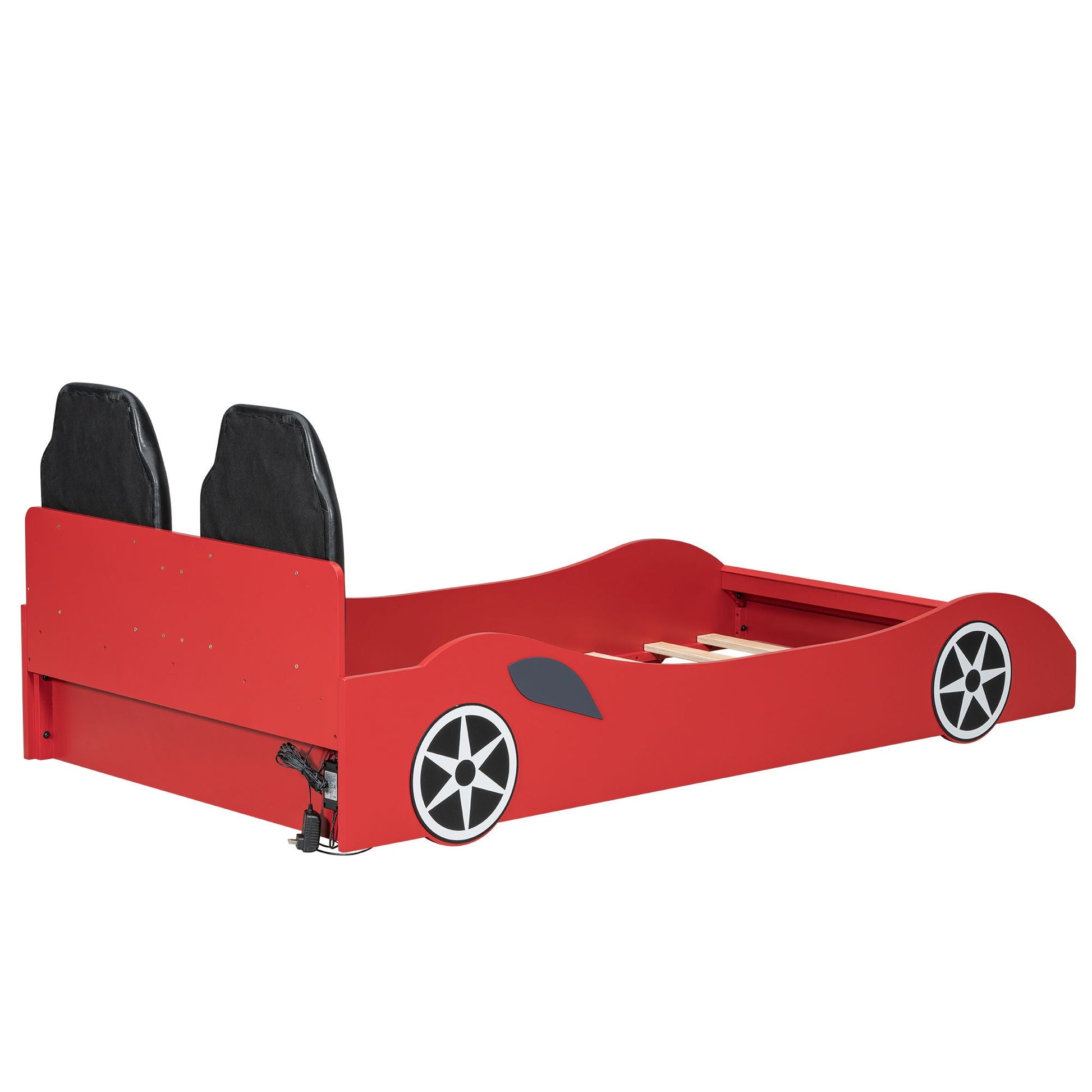 Red race car shaped platform bed with LED, black upholstered backrests and wheel decals on Tampa Home & Garden Store