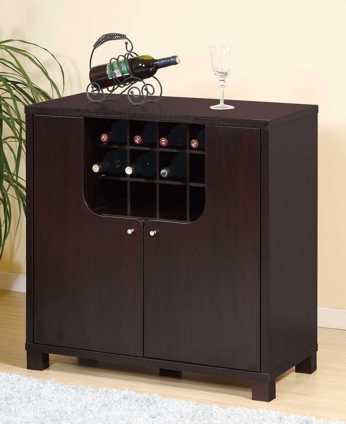 Wine cabinet in dark cocoa finish with removable wine rack and glass racks; accommodates several bottles and glassware on Tampa Home & Garden Store